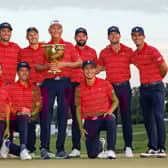 US captain Davis Love III celebrates with his players after the home team's win in the Presidents Cup at Quail Hollow Country Club in Charlotte, North Carolina. Picture: Jared C. Tilton/Getty Images.