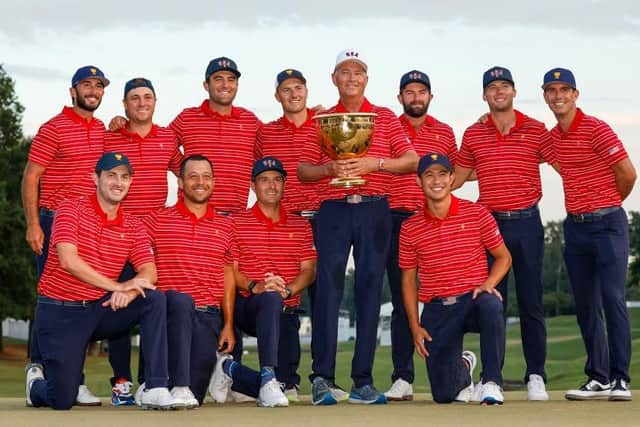 US captain Davis Love III celebrates with his players after the home team's win in the Presidents Cup at Quail Hollow Country Club in Charlotte, North Carolina. Picture: Jared C. Tilton/Getty Images.