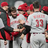 Cincinnati Reds pitcher Wade Miley, centre, is congratulated by teammates after he pitched a no-hitter against the Cleveland Indians. Picture: Tony Dejak/AP