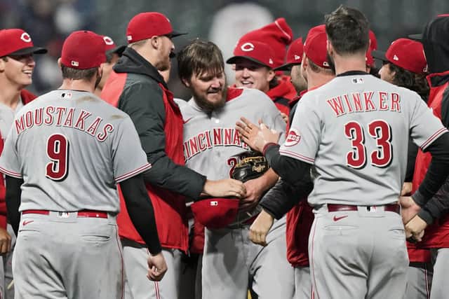 Cincinnati Reds pitcher Wade Miley, centre, is congratulated by teammates after he pitched a no-hitter against the Cleveland Indians. Picture: Tony Dejak/AP