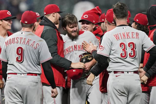 Cincinnati Reds pitcher Wade Miley, centre, is congratulated by teammates after he pitched a no-hitter against the Cleveland Indians. Picture: Tony Dejak/AP