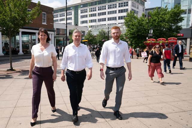 Labour leader Sir Keir Starmer (centre), Shadow chancellor Rachel Reeves and Danny Beales, the Labour candidate for Uxbridge and South Ruislip.