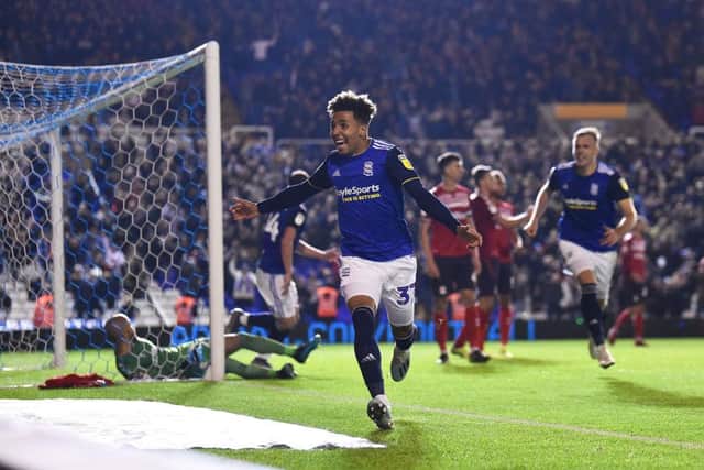 Odin Bailey celebrates scoring the winning goal for Birmingham City in an English Championship match against Middlesbrough. Picture: Getty