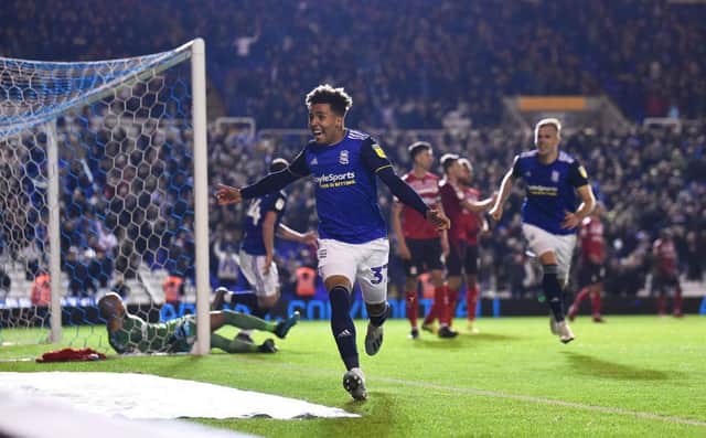 Odin Bailey celebrates scoring the winning goal for Birmingham City in an English Championship match against Middlesbrough. Picture: Getty