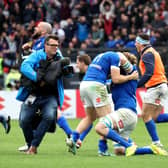 Italy captain Michele Lamaro and Louis Lynagh celebrate following the victory over Scotland. (Photo by Giampiero Sposito/Getty Images)
