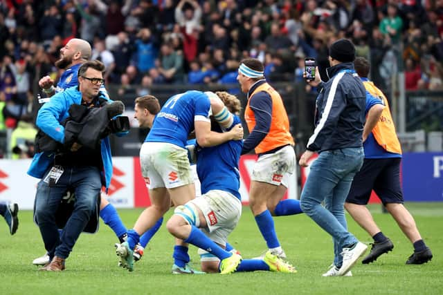 Italy captain Michele Lamaro and Louis Lynagh celebrate following the victory over Scotland. (Photo by Giampiero Sposito/Getty Images)