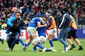 Italy captain Michele Lamaro and Louis Lynagh celebrate following the victory over Scotland. (Photo by Giampiero Sposito/Getty Images)