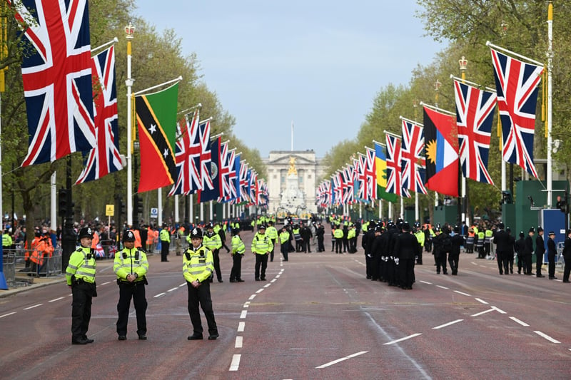 Police officers on The Mall ahead of the coronation of King Charles III and Queen Camilla on Saturday.