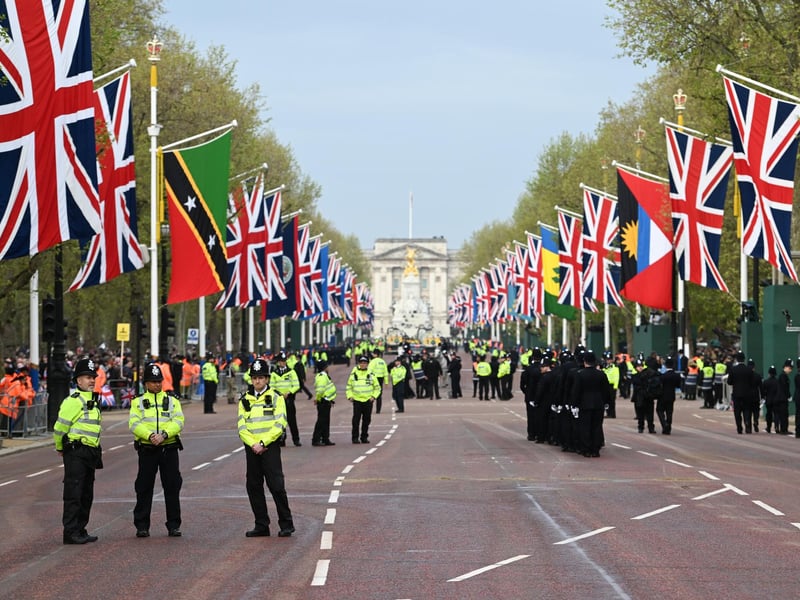 Police officers on The Mall ahead of the coronation of King Charles III and Queen Camilla on Saturday.