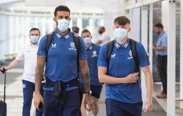 Connor Goldson (left) and Nathan Patterson depart Glasgow Airport as Rangers head to Armenia.