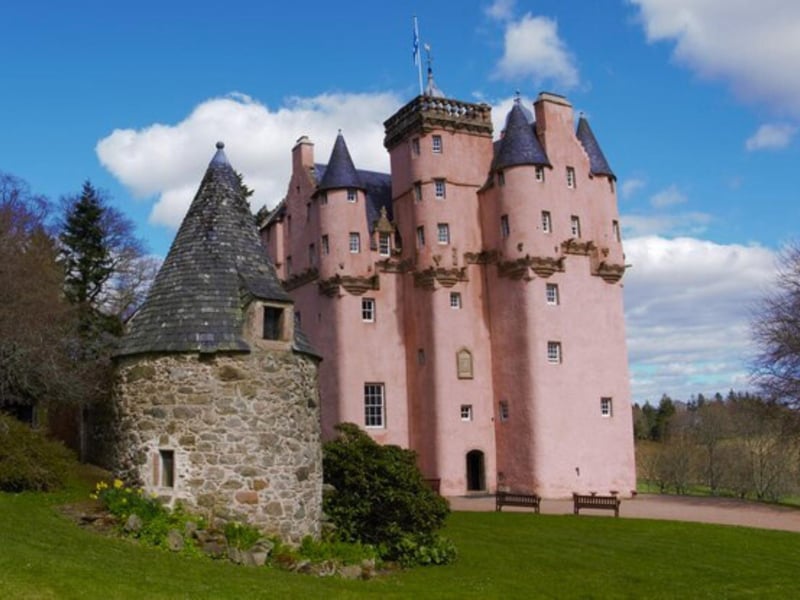 Craigievar Castle is a famously pink castle located 6 miles south of Alford in Aberdeenshire. Apparently, in 1824 the inheritor of the property, Sir John Forbes, was advised that the castle walls should have pigments added to them so they more closely resemble the colour of the granite detailing. This resulted in the iconic pink hue seen today.