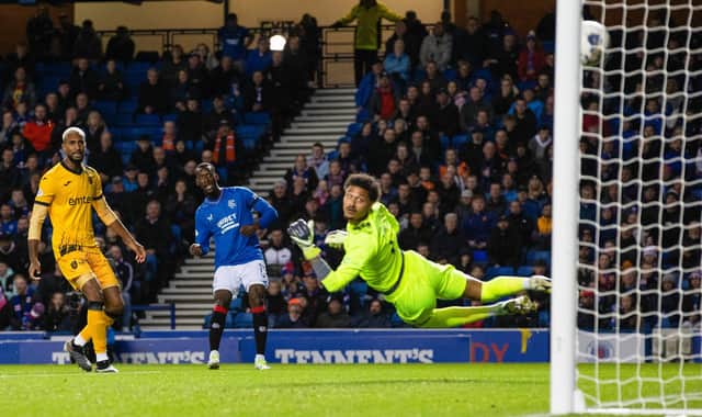 Abdallah Sima curls home Rangers' opening goal against Livingston at Ibrox. (Photo by Alan Harvey / SNS Group)