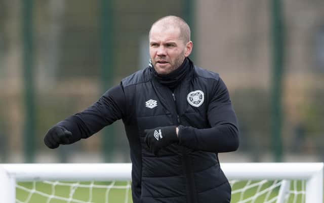 Hearts manager Robbie Neilson takes training ahead of Saturday's match against St Mirren.