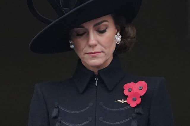 The Princess of Wales on a balcony at the Foreign, Commonwealth and Development Office (FCDO) on Whitehall, during the Remembrance Sunday service at the Cenotaph, in Whitehall, London.PIC:  Jonathan Brady/PA Wire