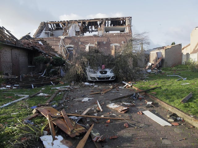 One person suffered light injuries in the storms Sunday and some 150 people were evacuated, according to the regional administration for the Pas-de-Calais region.(AP Photo/Michel Spingler)