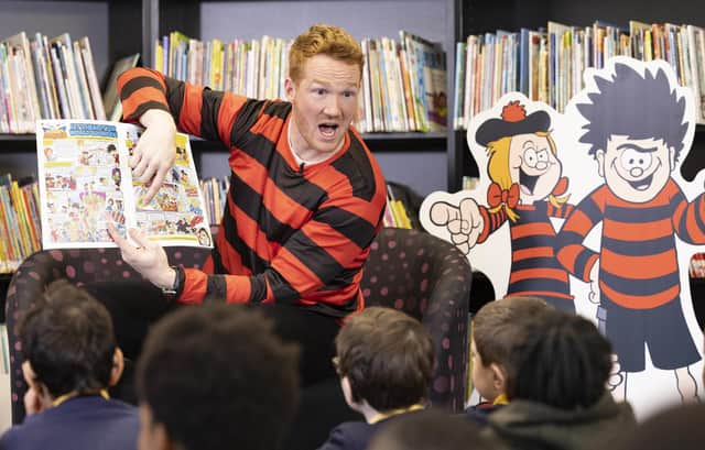 Olympic Gold Medallist, Greg Rutherford reads from the 'World's loudest ever comic strip', which is part of a World Book Day edition of the Beano, as part of the comic's 'Libraries Aloud' reading initiative in partnership with the National Literary Trust.