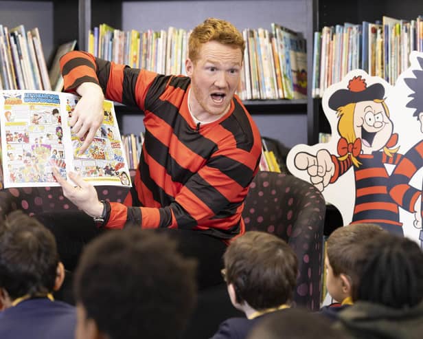 Olympic Gold Medallist, Greg Rutherford reads from the 'World's loudest ever comic strip', which is part of a World Book Day edition of the Beano, as part of the comic's 'Libraries Aloud' reading initiative in partnership with the National Literary Trust.