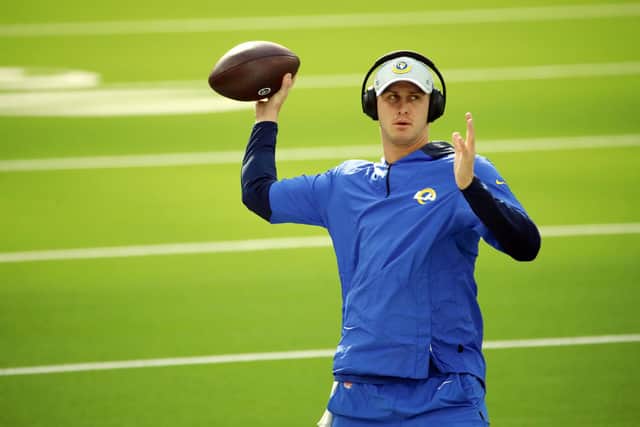 Jared Goff of the LA Rams warms up before the game against the San Francisco 49ers. Picture: Katelyn Mulcahy/Getty Images