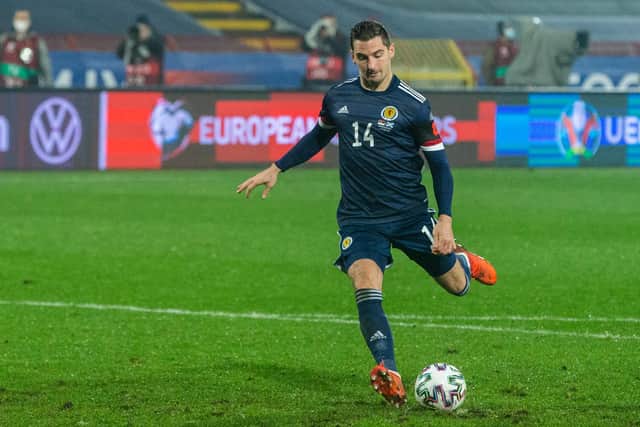 Scotland's Kenny McLean scores a penalty during the UEFA Euro 2020 qualifier against Serbia at the Stadion Rajko Mitic on November 12, 2020. (Photo by Nikola Krstic / SNS Group)