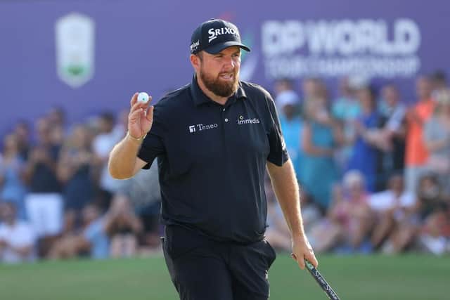 Shane Lowry acknowledges the crowd after moving into a share of the halfway lead in the DP World Tour Championship in Dubai. Picture: Andrew Redington/Getty Images.
