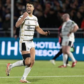Gloucester's Adam Hastings celebrates during the 21-20 win over Edinburgh in the EPCR Challenge Cup at Hive Stadium, on January 13, 2024. (Photo by Ross Parker / SNS Group)