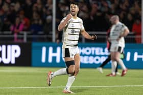 Gloucester's Adam Hastings celebrates during the 21-20 win over Edinburgh in the EPCR Challenge Cup at Hive Stadium, on January 13, 2024. (Photo by Ross Parker / SNS Group)