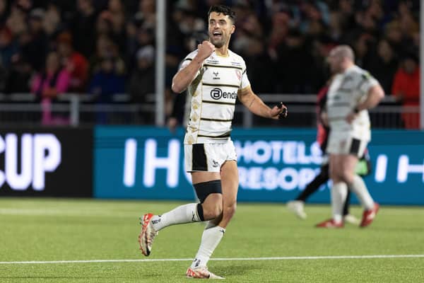 Gloucester's Adam Hastings celebrates during the 21-20 win over Edinburgh in the EPCR Challenge Cup at Hive Stadium, on January 13, 2024. (Photo by Ross Parker / SNS Group)