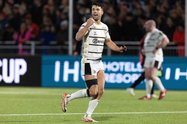 Gloucester's Adam Hastings celebrates during the 21-20 win over Edinburgh in the EPCR Challenge Cup at Hive Stadium, on January 13, 2024. (Photo by Ross Parker / SNS Group)