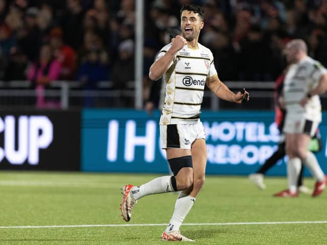 Gloucester's Adam Hastings celebrates during the 21-20 win over Edinburgh in the EPCR Challenge Cup at Hive Stadium, on January 13, 2024. (Photo by Ross Parker / SNS Group)