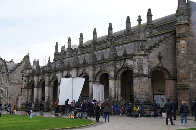 Cast and crew members on set as they film scenes for the next season of The Crown in St Andrews