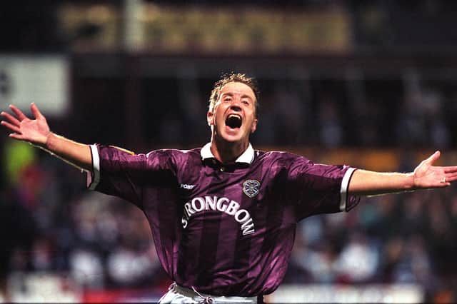 John Robertson in familiar pose - celebrating after scoring for Hearts (in this case in a Coca-Cola Cup quarter-final win over Celtic)
