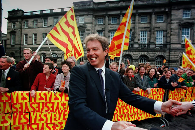 Prime Minister Tony Blair in Parliament Square, Edinburgh, in 1997 - the morning after the referendum on Scottish devolution which was a decisive Yes Yes.