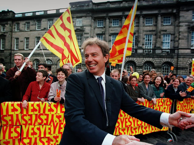 Prime Minister Tony Blair in Parliament Square, Edinburgh, in 1997 - the morning after the referendum on Scottish devolution which was a decisive Yes Yes.