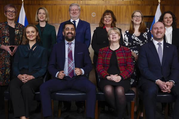 Then First Minister Humza Yousaf and his new cabinet pose for a photograph at St Andrew's House on 8 February 2024 (Picture: Jeff J Mitchell/Getty Images)