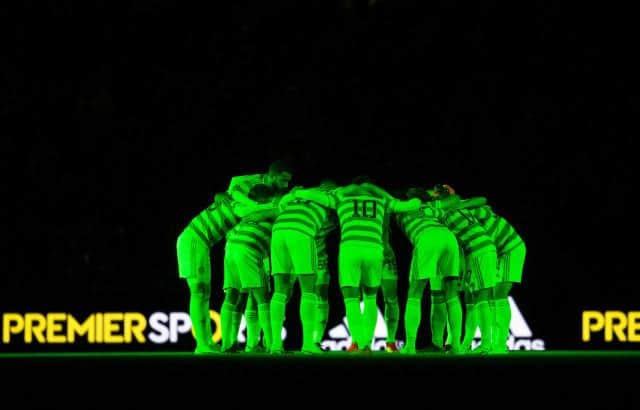 The Celtic huddle during a Premier Sports Cup quarter final match between Celtic and Raith Rovers at Celtic Park, on September 23, 2021, in Glasgow, Scotland.  (Photo by Ross MacDonald / SNS Group)