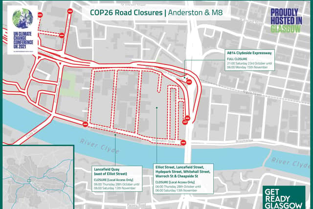 Roads between the SEC and M8 to be closed during Cop26. Picture: GetReadyGlasgow