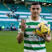 Celtic's Giorgios Giakoumakis with the matchball following the 4-0 win over Ross County that was underpinned by the Greek striker's second hat-trick in his past two outings at Parkhead. Yet he will have to maintain such form to force his way into the mix for leading cinch Premiership scorer after missing much of the opening half of the season with injury.(Photo by Alan Harvey / SNS Group)