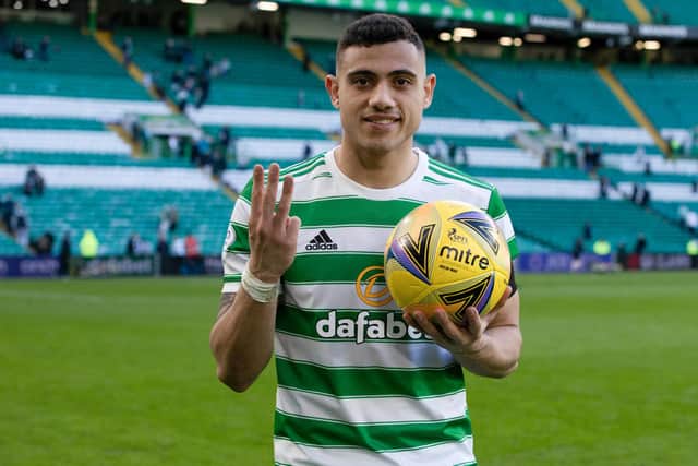 Celtic's Giorgios Giakoumakis with the matchball following the 4-0 win over Ross County that was underpinned by the Greek striker's second hat-trick in his past two outings at Parkhead. Yet he will have to maintain such form to force his way into the mix for leading cinch Premiership scorer after missing much of the opening half of the season with injury.(Photo by Alan Harvey / SNS Group)