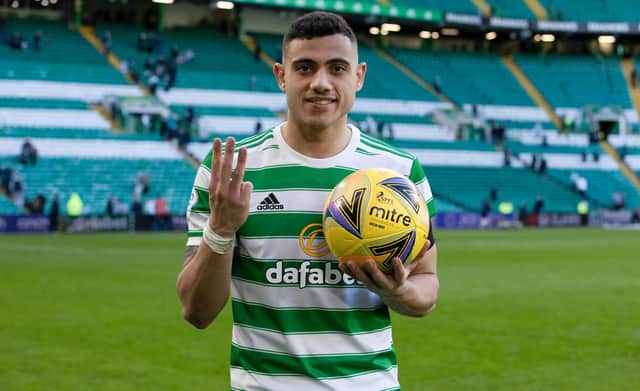 Celtic's Giorgios Giakoumakis with the matchball following the 4-0 win over Ross County that was underpinned by the Greek striker's second hat-trick in his past two outings at Parkhead. Yet he will have to maintain such form to force his way into the mix for leading cinch Premiership scorer after missing much of the opening half of the season with injury.(Photo by Alan Harvey / SNS Group)