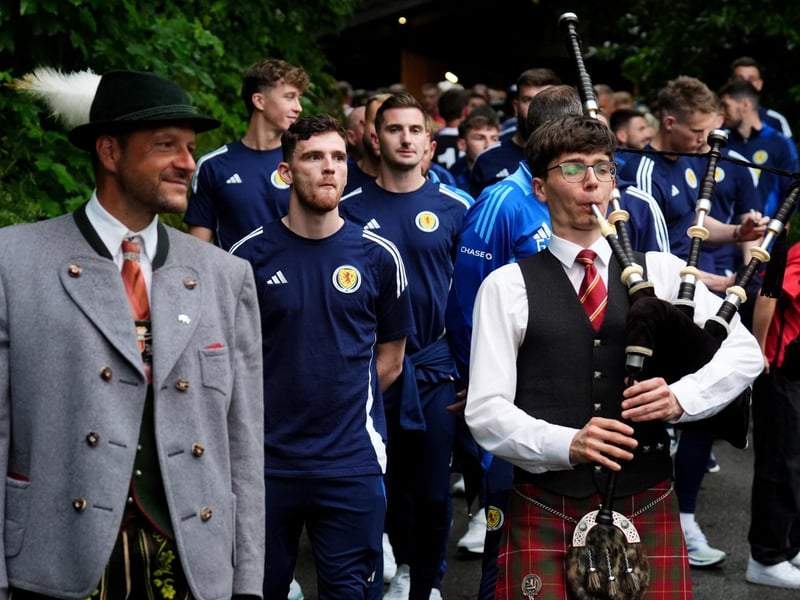 The Scotland team led by captain Andy Robertson arrive at Bayernhalle in Garmisch-Partenkirchen, Germany, for a reception hosted by the Mayor.