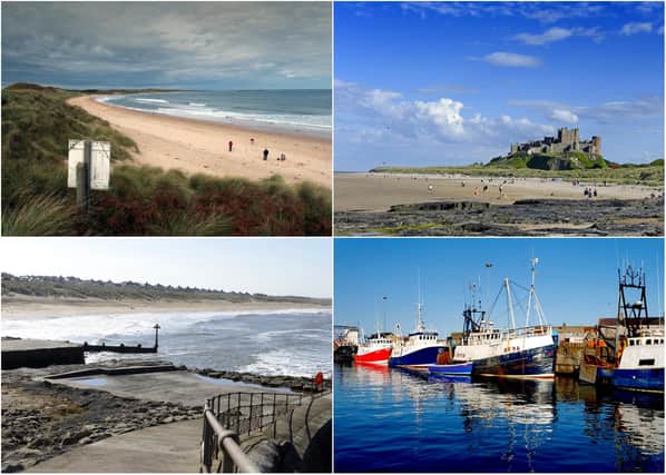 Highlights of the Northumberland coast. Clockwise, from top left, Embleton, Bamburgh, Amble and Seaton Sluice.