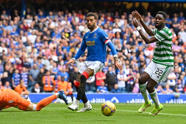 Odsonne Edouard misses a good chance for Celtic against Rangers.