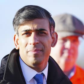 Prime Minister Rishi Sunak arrives to visit a location on the site of the future Haxby railway station near York. Picture: WPA Pool/Getty Images