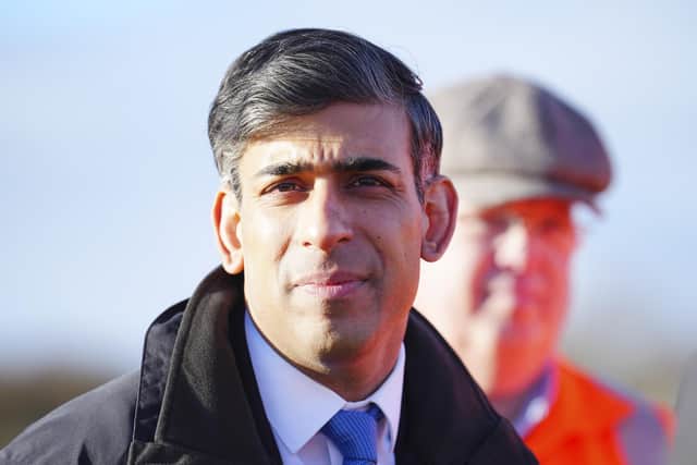 Prime Minister Rishi Sunak arrives to visit a location on the site of the future Haxby railway station near York. Picture: WPA Pool/Getty Images