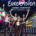 Italy's Maneskin pose for pictures on stage with the trophy after winning the final of the 65th edition of the Eurovision Song Contest 2021, at the Ahoy convention centre in Rotterdam