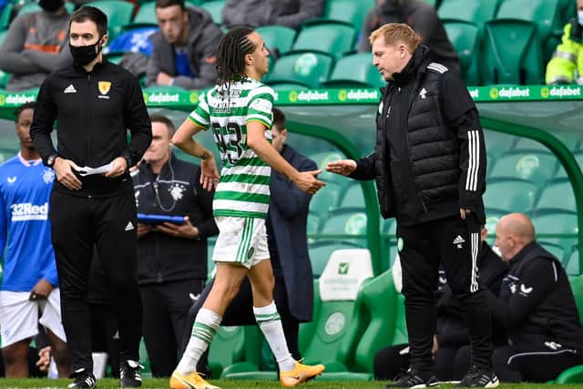 GLASGOW, SCOTLAND - OCTOBER 17: Diego Laxalt (left) with Celtic manager Neil Lennon during a Scottish Premiership match between Celtic and Rangers at Celtic Park, on October 17, 2020, in Glasgow, Scotland. (Photo by Rob Casey / SNS Group)