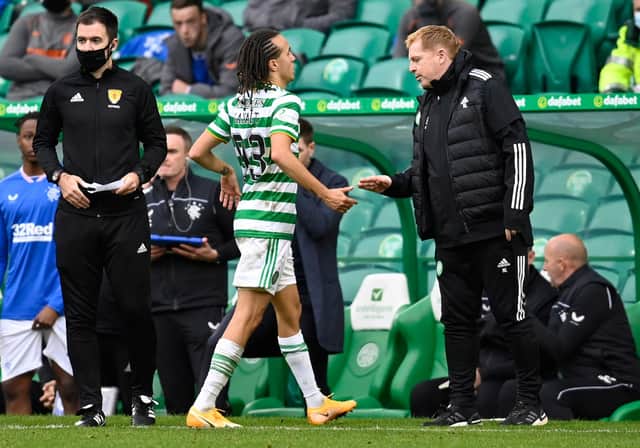 GLASGOW, SCOTLAND - OCTOBER 17: Diego Laxalt (left) with Celtic manager Neil Lennon during a Scottish Premiership match between Celtic and Rangers at Celtic Park, on October 17, 2020, in Glasgow, Scotland. (Photo by Rob Casey / SNS Group)