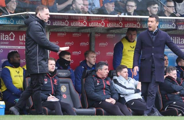 Rangers manager Giovanni van Bronckhorst takes issue with fourth official Chris Graham during his team's 1-1 draw against Dundee United at Tannadice. (Photo by Alan Harvey / SNS Group)