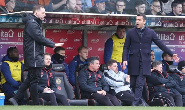 Rangers manager Giovanni van Bronckhorst takes issue with fourth official Chris Graham during his team's 1-1 draw against Dundee United at Tannadice. (Photo by Alan Harvey / SNS Group)