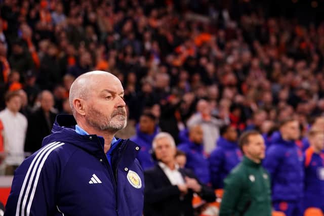Scotland manager Steve Clarke looks on during the 4-0 defeat to Netherlands at the Johan Cruyff Arena, Amsterdam.